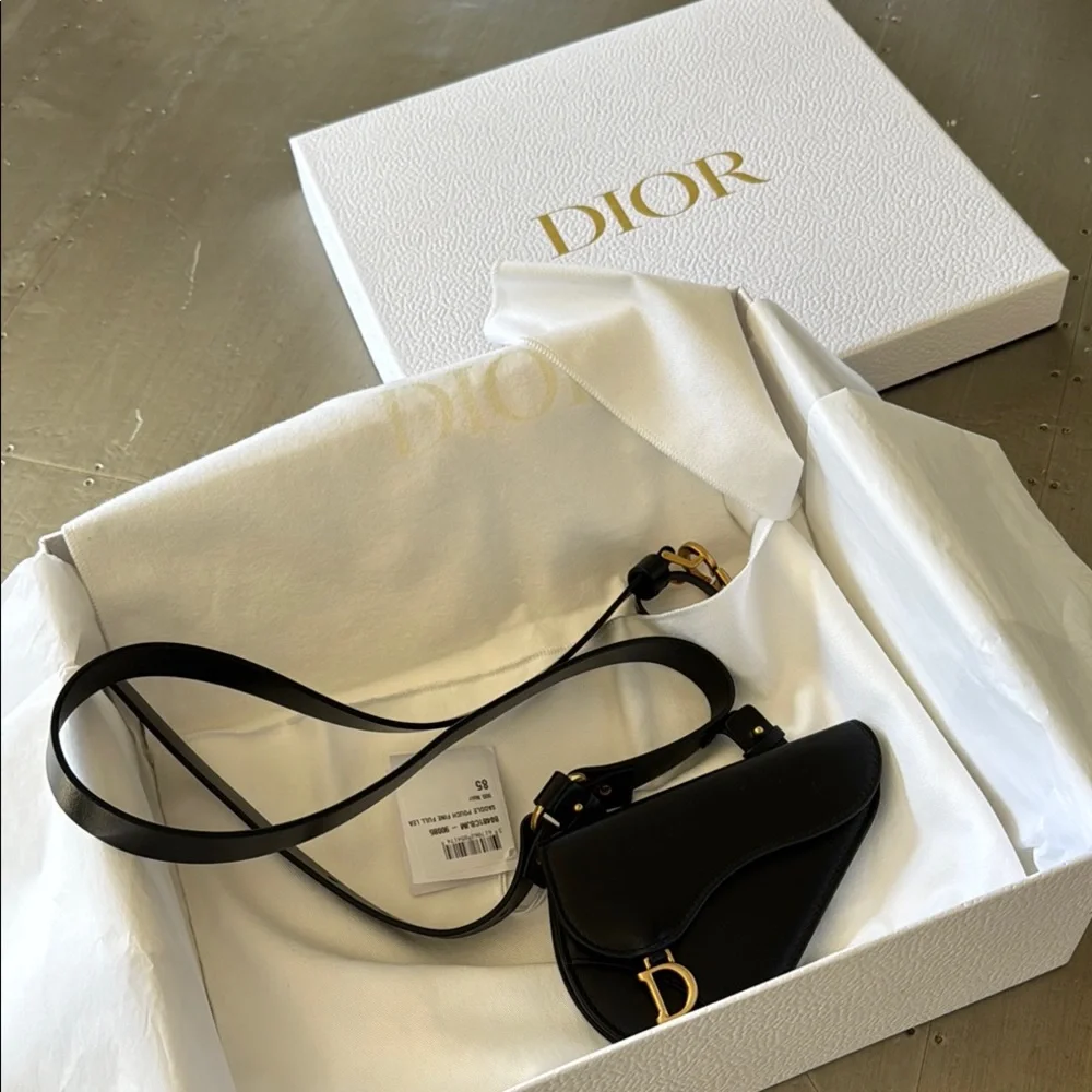 Christian Dior saddle Black Leather logo Belt with Gold Sz 85